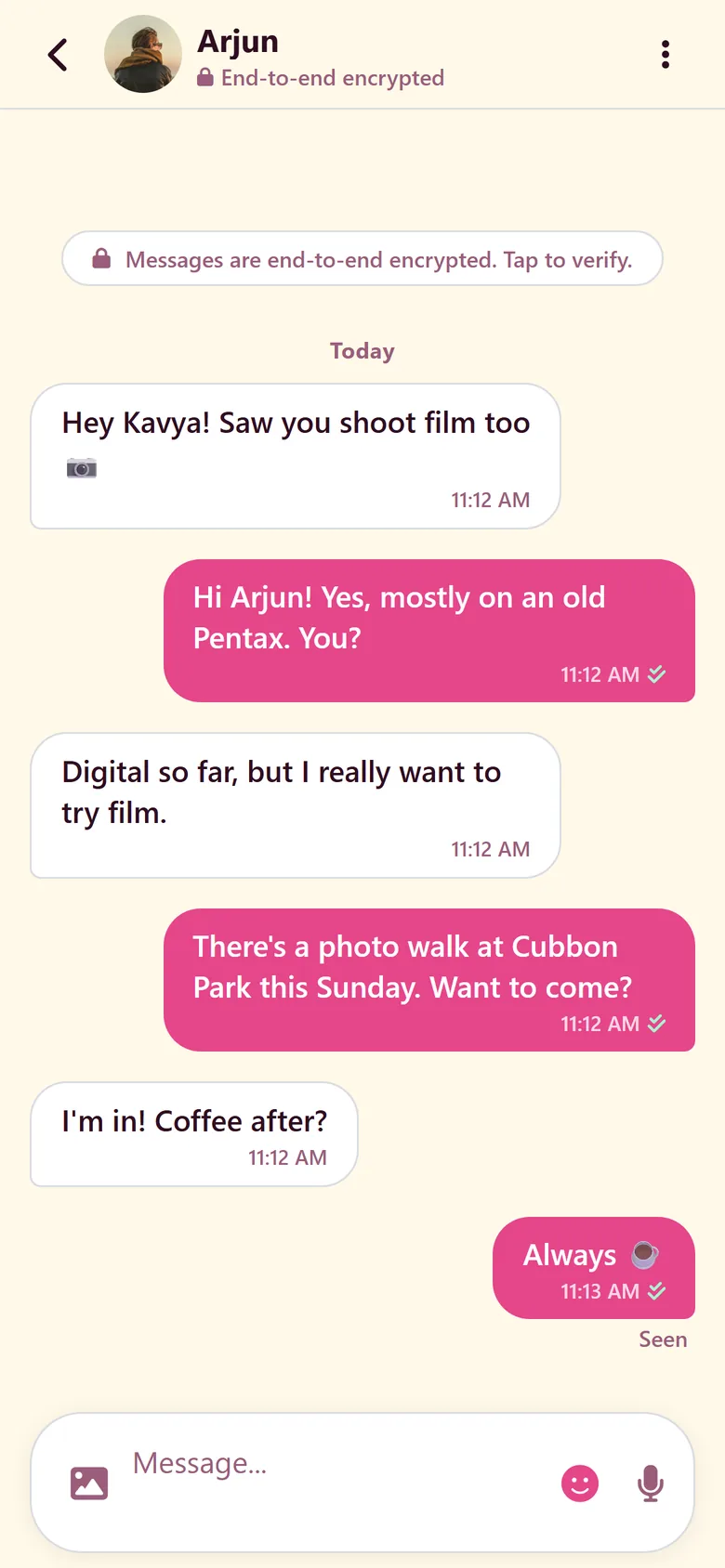 A chat between two people planning a photo walk, marked end-to-end encrypted