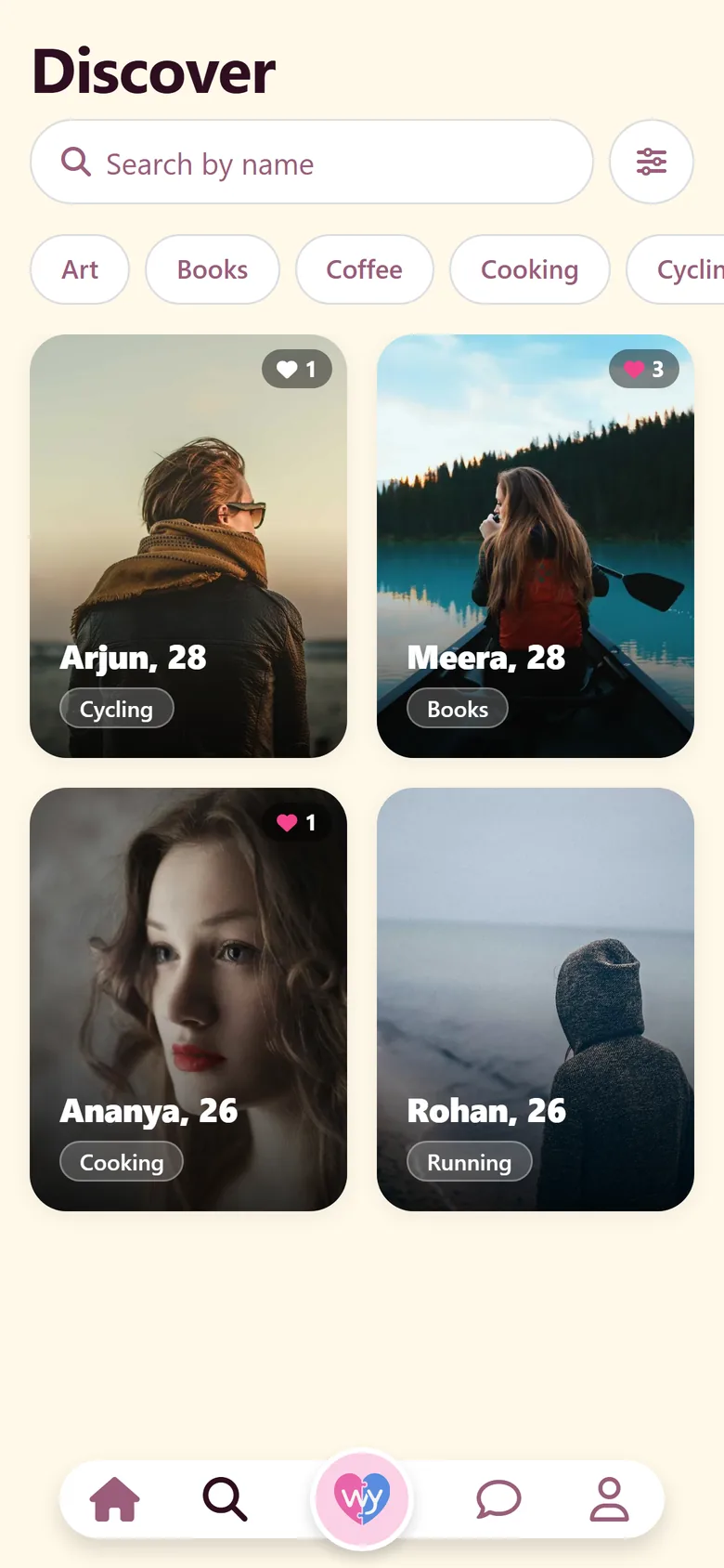 The Discover screen: people shown as photo cards with their name, age and an interest