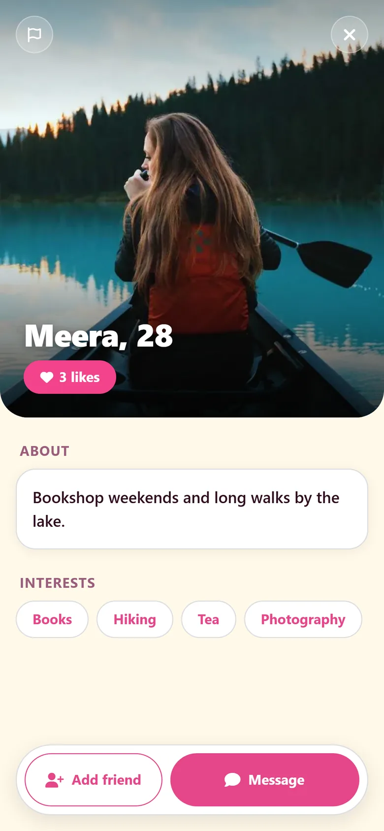 A profile with a photo, a short bio, interests and buttons to add a friend or send a message